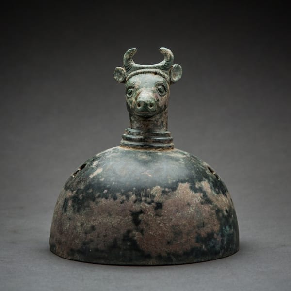 Bactrian Bronze Lid With A Bull's Head