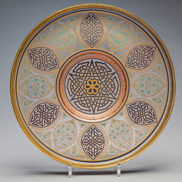 Pair of French workshop Islamic inspired gilded glass plates