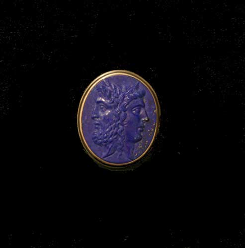 Classical revival Lapis Lazuli Cameo, mounted in a silver and 18 Karat Gold Ring