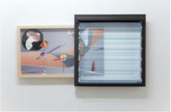 Anna K.E. Intangible Economies of Desires (Elbow #1) ,, 2018 3D rendering, inkjet photo print, color pencil drawing, LED light, aluminum jalousie, glass, plexiglas, rubber, wood frame 62.9 x 125.73 x 12.07 cm 24 3/4 x 49 1/2 x 4 3/4 in