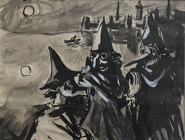 Josef Herman, Untitled Drawing (Three Figures in Purim Costumes with Rising Moon and Spires in the Background), c. 1940-43
