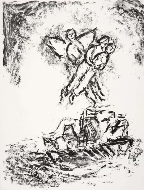 Marc Chagall, Ariel hovers above the ship, carrying the embracing lovers, 1975