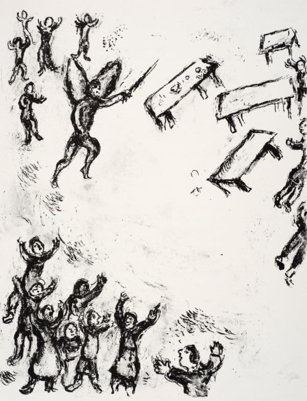 Marc Chagall, Ariel, in the guise of an avenging angel, makes the banquet vanish, 1975
