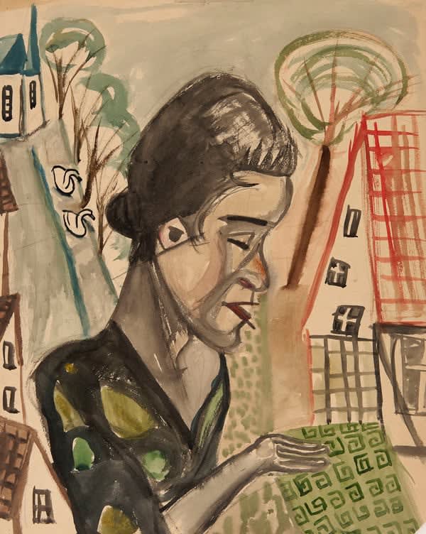 Alfred Lomnitz, Woman in Profile with Swans and Houses