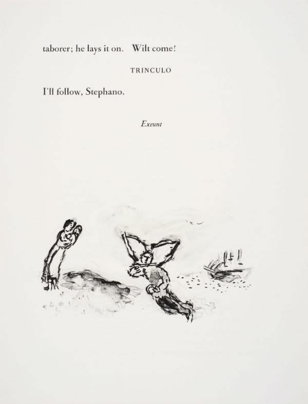 Marc Chagall, Ferdinand and Miranda embrace, Ariel plays music, 1975