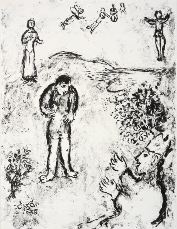 Marc Chagall, Caliban eyes Prospero suspiciously, 1975