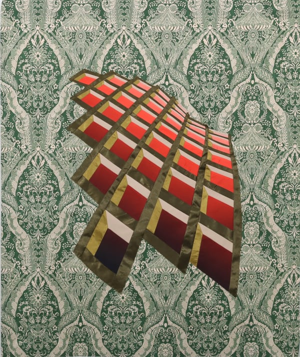 Inger Bergström, Perspective of Glossy Fabrics with Floral Background IV, 2021