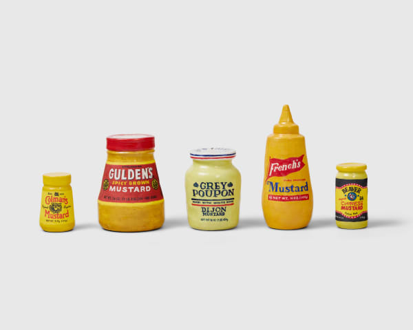 Stephanie H. Shih Mustards, 2025 Ceramic Colman's Original English Mustard: 3 1/2 x 2 x 2 inches 8.9 x 5.1 x 5.1 cm Beaver Extra Hot Chinese Mustard: 4 x 2 x 2 inches 10.2 x 5.1 x 5.1 cm Grey Poupon Dijon Mustard: 5 x 3 1/2 x 3 1/2 inches 12.7 x 8.9 x 8.9 cm French's Pure Prepared Mustard: 7 1/2 x 3 x 3 inches 19.1 x 7.6 x 7.6 cm Gulden's Spicy Brown Mustard: 5 1/2 x 4 x 4 inches 14 x 10.2 x 10.2 cm