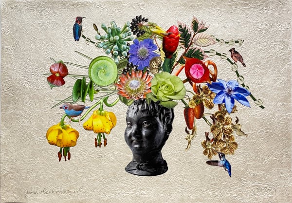 Jane Hammond Roman Head with Strawberries, Scabiosa and Red-Cheeked Cordon Bleu, 2024 Unique botanical collage using digital printing, rubber stamp, colored pencil, Sumi ink, watercolor and gouache, hand cut and assembled on collaged Nepali paper over cotton rag 23 1/2 x 34 1/2 inches 59.7 x 87.6 cm Framed: 25 1/4 x 33 1/2 inches 64.1 x 85.1 cm