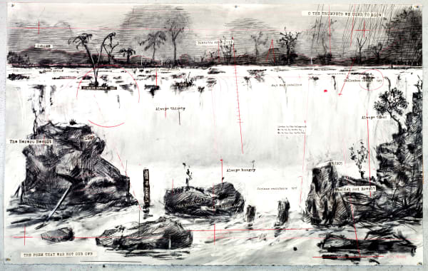 William Kentridge Drawing for The Head & The Load (Landscape with Waterfall), 2018 Charcoal, pastel and red pencil on paper 29 3/8 x 63 inches 74.6 x 160.0 cm