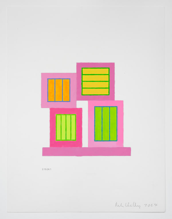 Peter Halley Untitled (2.19.24.1), 2024-2025 Acrylic and fluorescent acrylic on digitally printed paper 21 x 16 inches 53.3 x 40.6 cm Framed: 23 1/2 x 18 1/2 inches 59.7 x 47 cm