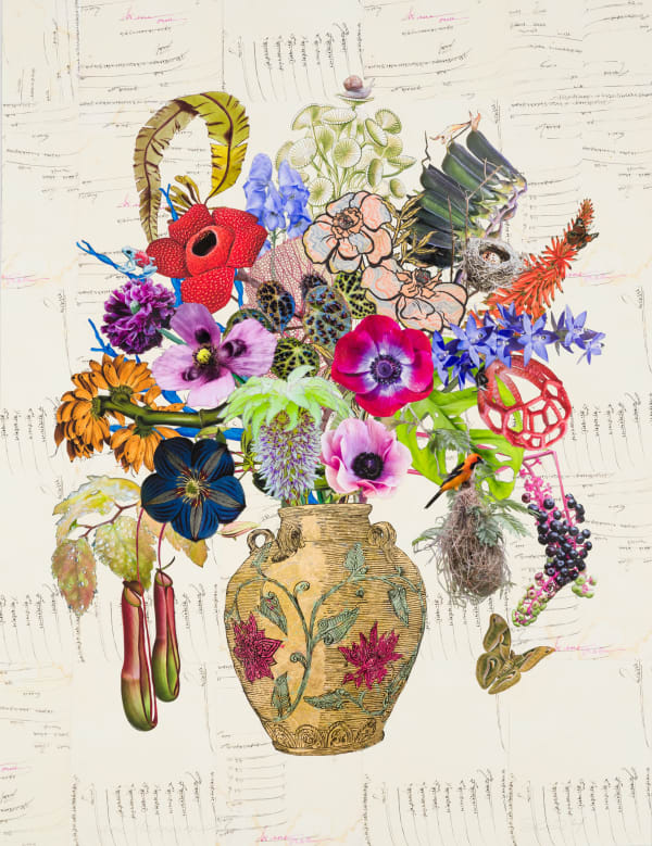 Jane Hammond, Korean Vase with Baltimore Oriole and Nest, Scented Sun Orchid and Pineapple Lily, 2024