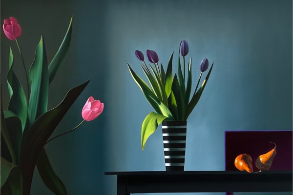 Bruce Cohen Still Life with Pink and Purple Tulips and Bosc Pears, 2025 Oil on canvas 30 1/8 x 44 1/8 inches 76.4 x 111.9 cm