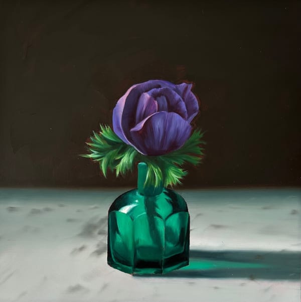 Bruce Cohen Purple Anemone in Green Bottle, 2025 Oil on canvas 10 x 10 inches 25.4 x 25.4 cm