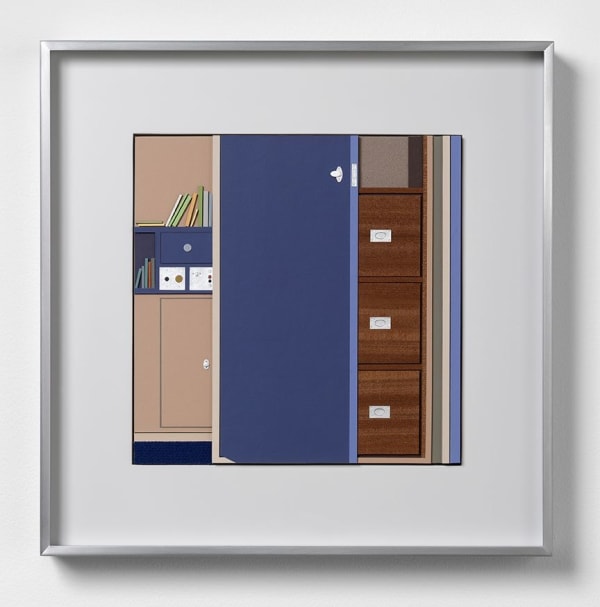 Lucy Williams Puck's Bedroom, 2012 Cork, paper, sapele wood veneer, paper, silver paper, upholstery fabric and acrylic paint on birch ply panel 11 3/4 x 11 3/4 inches 29.8 x 29.8 cm Framed: 18 1/2 x 18 1/2 inches 47 x 47 cm