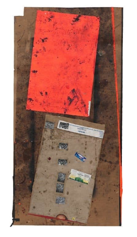 Sterling Ruby EXHM (3839), 2012 Collage and urethane on cardboard 96 x 49 inches 243.84 x 124.46 cm Framed: 102 3/8 x 54 5/8 inches