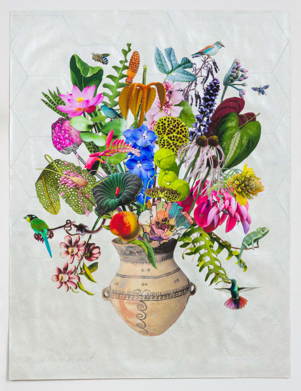 Jane Hammond Neolithic Painted Vessel with Fishbone Cactus, Echinacea and Two Blue-Banded Bees, 2025 Unique botanical collage using relief printing, linocut, digital printing, colored pencil, Sumi ink, watercolor and gouache, hand cut and assembled on collaged Nepali papers over painted cotton rag 50 x 38 inches 127 x 96.5 cm Framed dimensions: 52 5/8 x 40 3/4 inches 133.7 x 103.5 cm