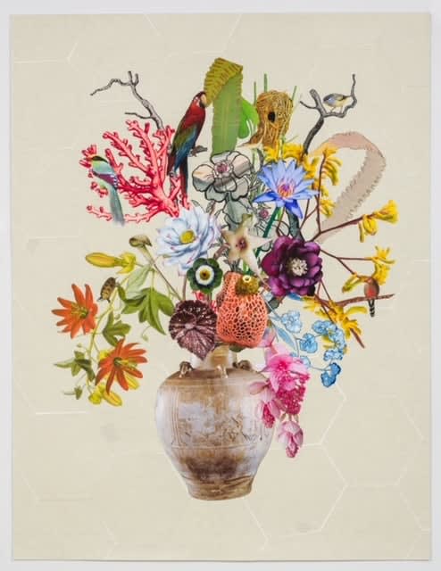 Jane Hammond Borneo Vase with Bridal Veil Mushroom, Common Green Magpie and Kangaroo Paw, 2022 Unique botanical collage using linocut, relief printing, digital printing, colored pencil, Sumi ink, watercolor and gouache, hand cut and assembled on collaged Japanese papers over cotton rag 50 x 38 inches 127 x 96.5 cm Framed: 53 1/2 x 41 1/2 inches 135.9 x 105.4 cm