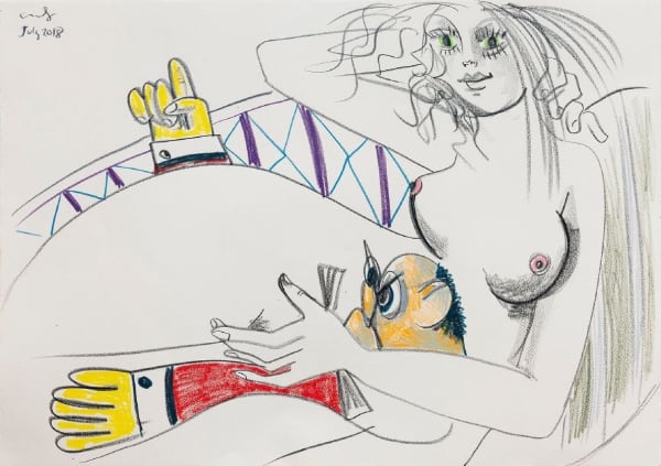 George Condo Untitled, 2018 Colored pencil on paper (double-sided) 30 x 42 inches 76.2 x 106.7 cm Framed: 37 1/4 x 49 1/4 inches 94.6 x 125.1 cm