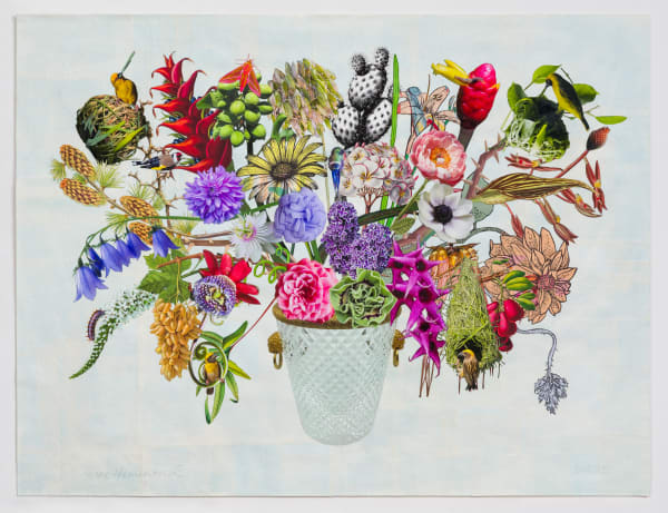 Jane Hammond Crystal Champagne Bucket with Sow Thistle, Passion Flowers and Four Weaver Birds, 2025 Unique botanical collage using relief printing, linocut, digital printing, colored pencil, Sumi ink, watercolor and gouache, hand cut and assembled on collaged Japanese papers over painted cotton rag 38 x 50 inches 96.5 x 127 cm Framed: 40 3/4 x 52 5/8 inches 102.2 x 133.7 cm