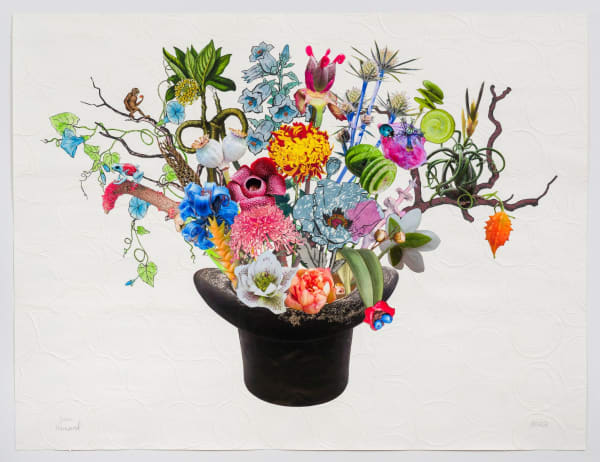 Jane Hammond Top Hat Champagne Bucket with Hot Lips, Rafflesia and Button Medick, 2022 Unique botanical collage using linocut, relief printing, digital printing, colored pencil, Sumi ink, watercolor and gouache, hand cut and assembled on collaged Thai papers over cotton rag 38 x 50 inches 96.5 x 127.0 cm