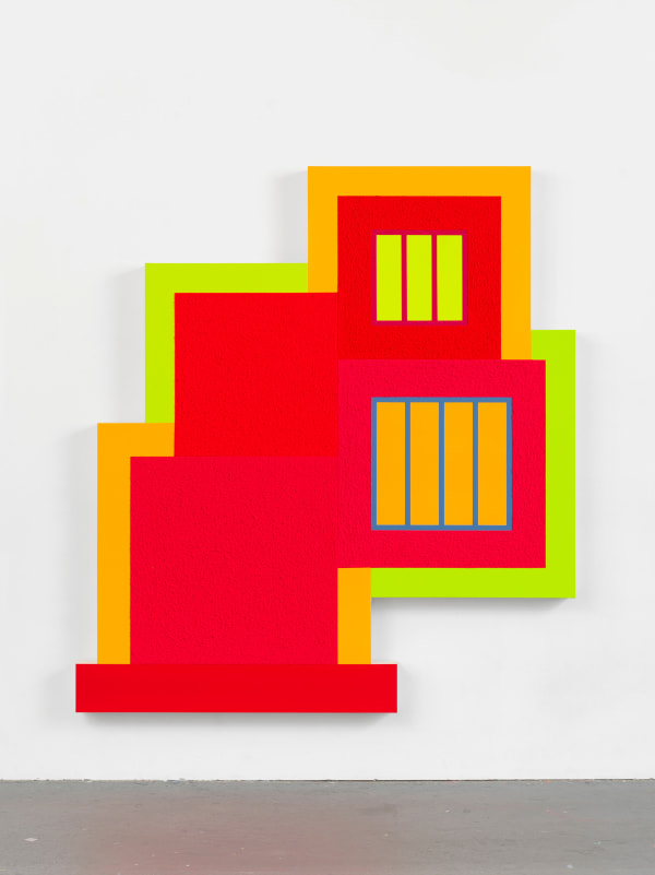 Peter Halley Flight Risk, 2024 Acrylic, fluorescent acrylic, Flashe, and Roll-a-Tex on canvas 73 1/2 x 68 inches