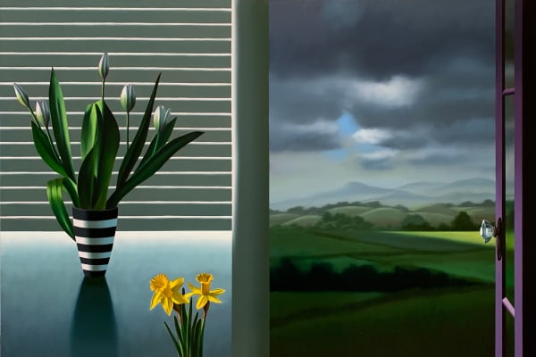 Bruce Cohen, Untitled, Interior with White Tulips, Daffodils and Landscape, 2023