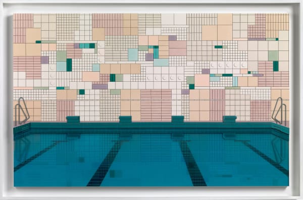 Lucy Williams Indoor Pool (with tiled mosaic) #1, 2025 Paper, Perspex, engineered wood and acrylic paint on birch ply panel 29 1/2 x 47 1/4 inches 75 x 120 cm Framed: 33 5/8 x 53 3/8 inches 85.5 x 135.5 cm