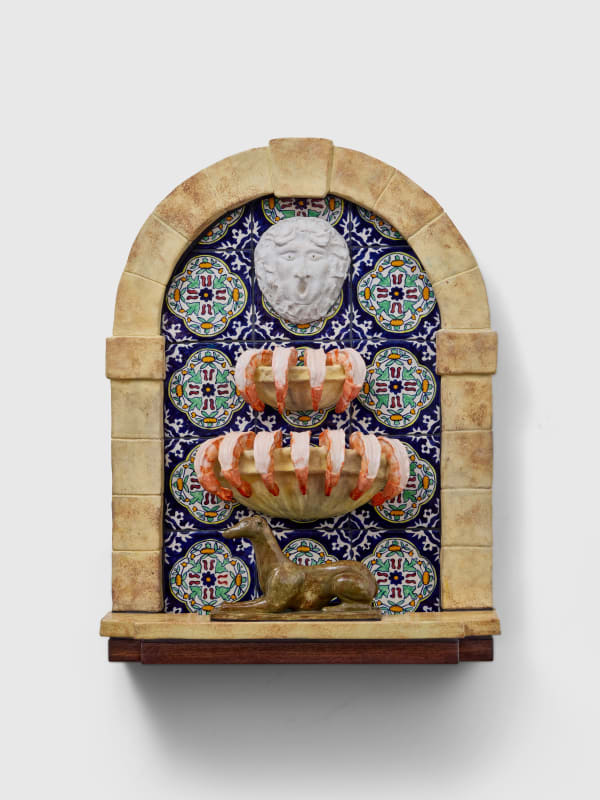 Stephanie H. Shih Shrimp Fountain, 2025 Ceramic, stained glass, walnut, and cement mortar on panel 24 x 18 x 6 inches 61 x 45.7 x 15.2 cm