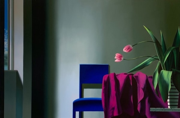 Bruce Cohen Interior with Two Pink Tulips on Magenta Tablecloth, 2023 Oil on canvas 36 x 54 inches Framed: 37 1/4 x 55 1/4 inches