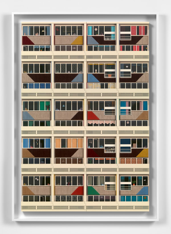 Lucy Williams Radiant City #4, 2025 Paper, Perspex, engineered wood, cotton embroidery thread, cotton crochet thread and acrylic paint on birch ply panel 43 3/4 x 29 7/8 inches 111 x 76 cm Framed: 48 x 34 1/4 inches 122 x 87 cm