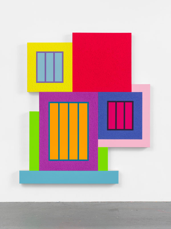 Peter Halley False Front, 2024 Acrylic, fluorescent acrylic, Flashe, and Roll-a-Tex on canvas 76 1/2 x 66 1/2 inches