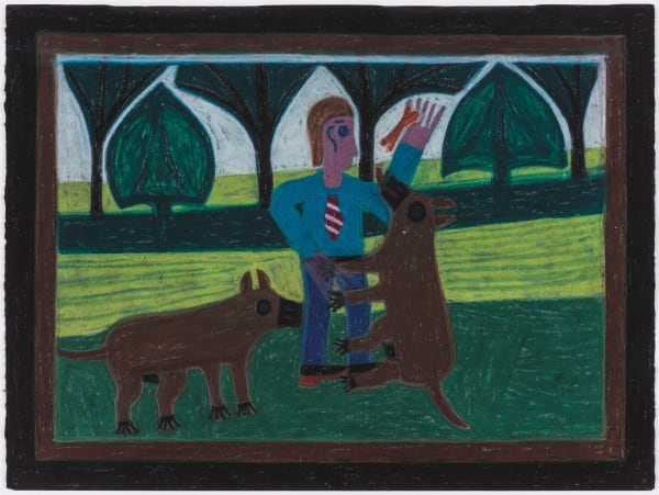 Eddie Arning, Untitled (Man with 2 Dogs), 1968-70