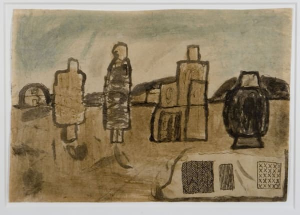 James Castle - Untitled (landscape with building and ﬁgures)