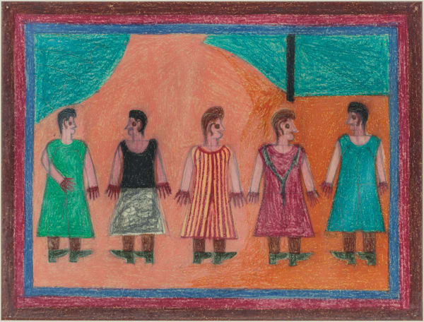 Eddie Arning, Untitled (5 Women in Colorful Dresses), c. 1970