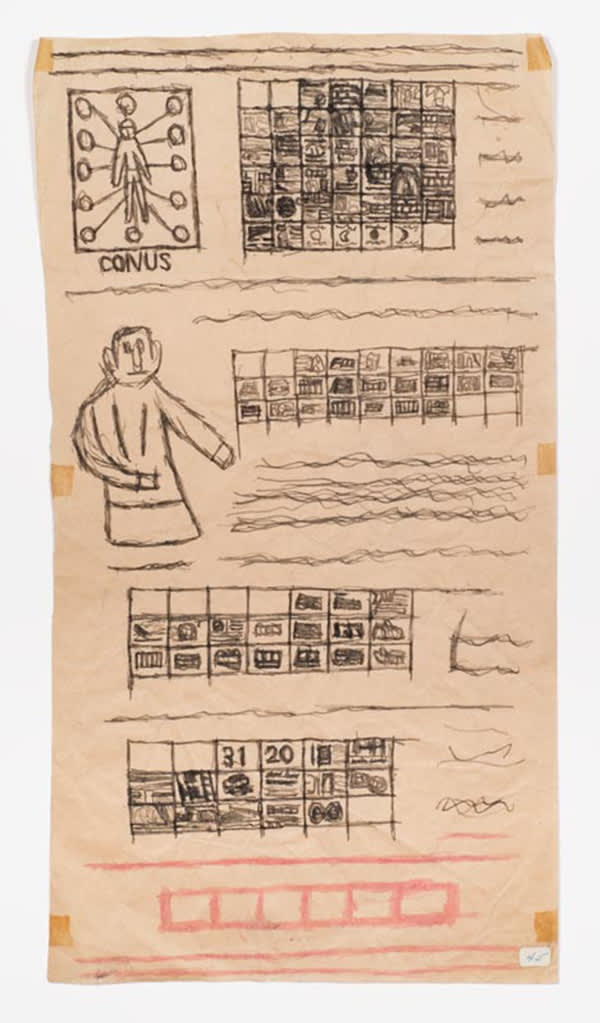 James Castle, Untitled (text and symbols with pink bottom)