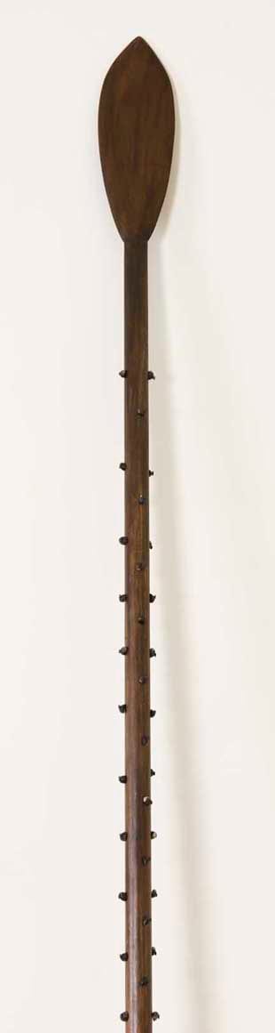 Julie Gough Spear/oar, 2007-08 Penguin & black crow shells on wood 259 x 10.5 x 5 cm