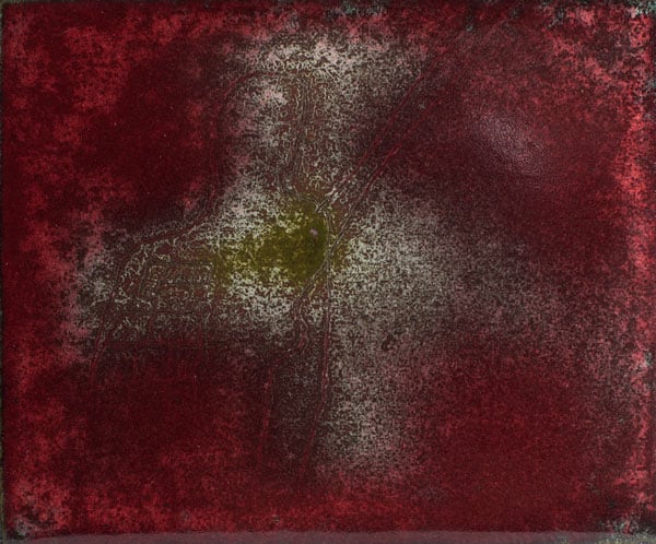 Sara Maher Relic 2, 2006 - 2016 enamel on copper etched plate 21 x 22.5 cm (frame size)