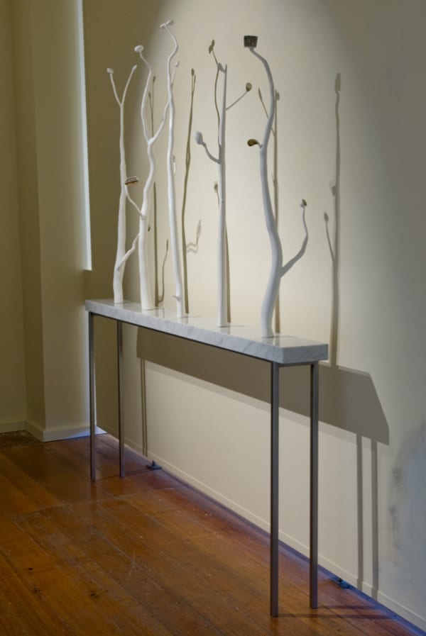 David Keeling Ghost Gum II, 2011 Carved wooden sculpture with painting on a marble and steel base 199 x 183 x 30 cm (overall object size)