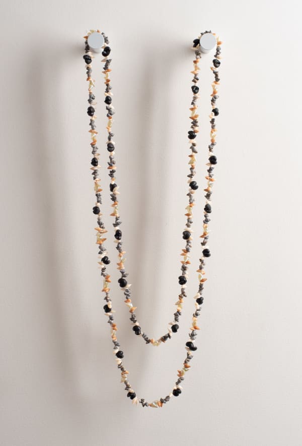 Vanessa Greeno pakana necklace - luna muka-ta (woman on the water), 2024 grey gull, black crow, white oat, orange oat & blue maireener shells 192 cm (overall length)
