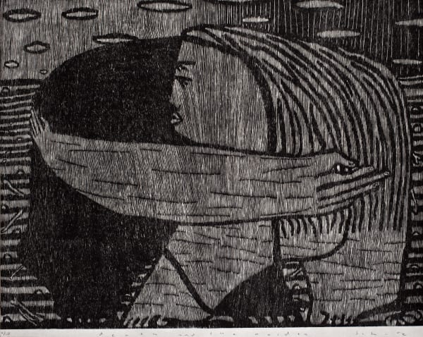 Michael Schlitz Death and the maiden, 2025 woodcut print on kozo paper 98 x 121 cm edition of 10 plus 2 artist's proofs