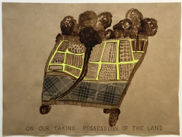 Joan Ross On our taking possession of the land, 2019 ink and mixed media on brown card, framed 38 x 50cm approx