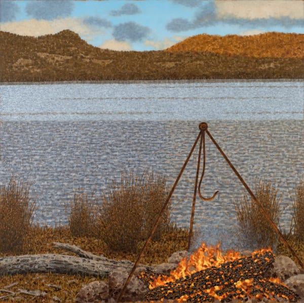Richard Wastell Tripod and light - nearing dusk at Woods Lake, 2021 oil and pumice on linen 153 x 153cm ( stretcher size )