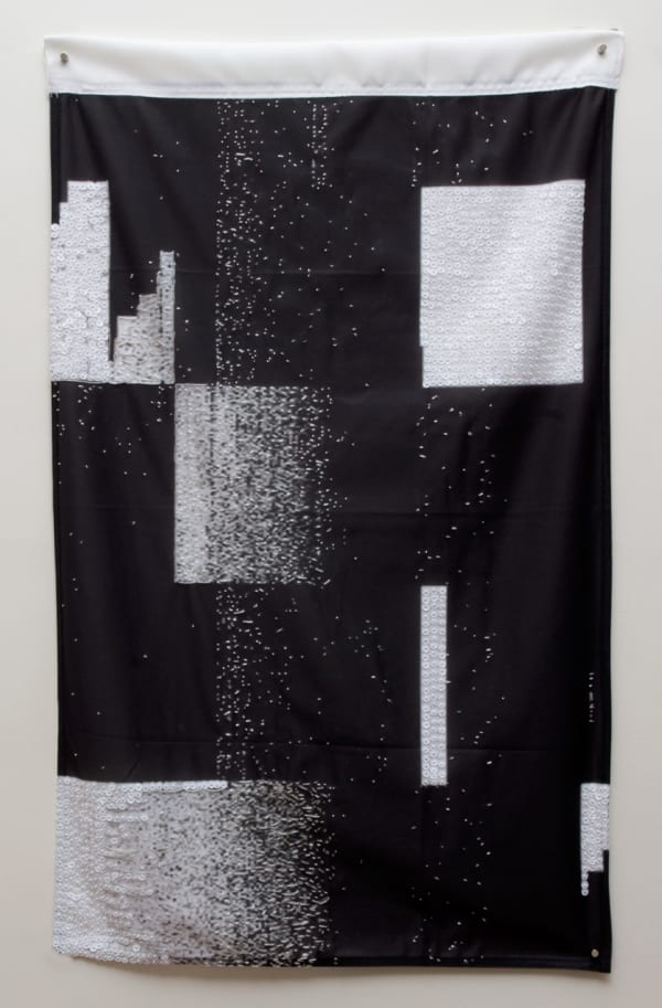 Nancy Mauro-Flude Searchall Ubiquitous, 2015 drape, embroidered cryptogram & generative videoscape drape size: 90 x 60 cm video: 3 min 34 sec colour: audio