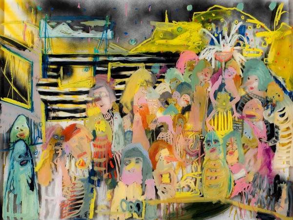 Mish Meijers Episode 8 – Open home circus, 2020 oil on reverse acrylic (Hinterglasmalerei) mixed media on paper, framed 100 x 130 x 4cm