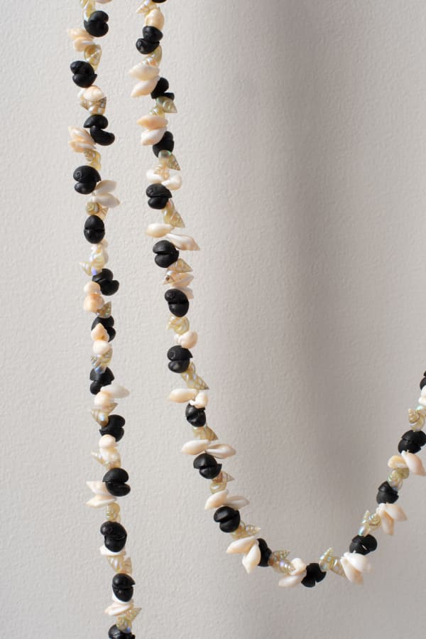 Aunty Lola Greeno Pakana necklace - Titima, 2025 black crow, penguin & blue maireener shells 216 cm (overall length)