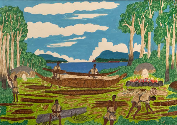 Uncle Rex Greeno Bark canoe builders, 2025 mixed media on paper, framed 49 x 68.5 cm (image size), 65 x 83.5 cm (framed size)