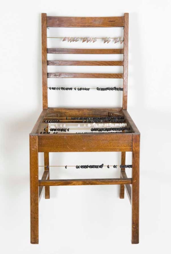 Julie Gough The wait, 2008 Found chair, brass rods with black crow & maireener shells 85.5 x 42 x 40 cm