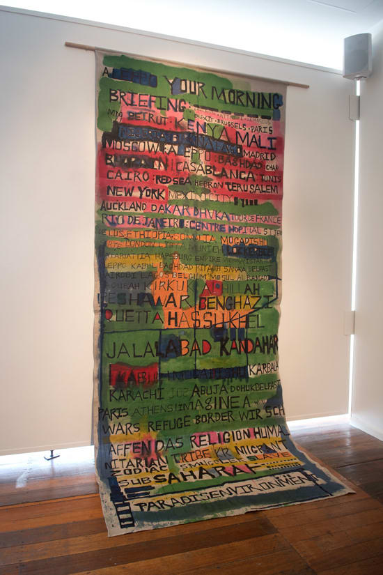 Locust Jones Your morning briefing, 2016 ink & pigment on linen 350 x 142 cm