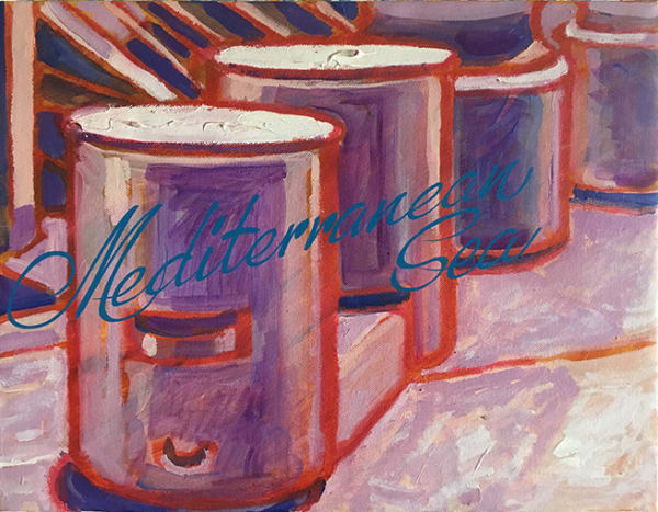 Raymond Arnold Voyage; Mediterranean Sea, 1994 oil on canvas, framed 23 x 38 cm